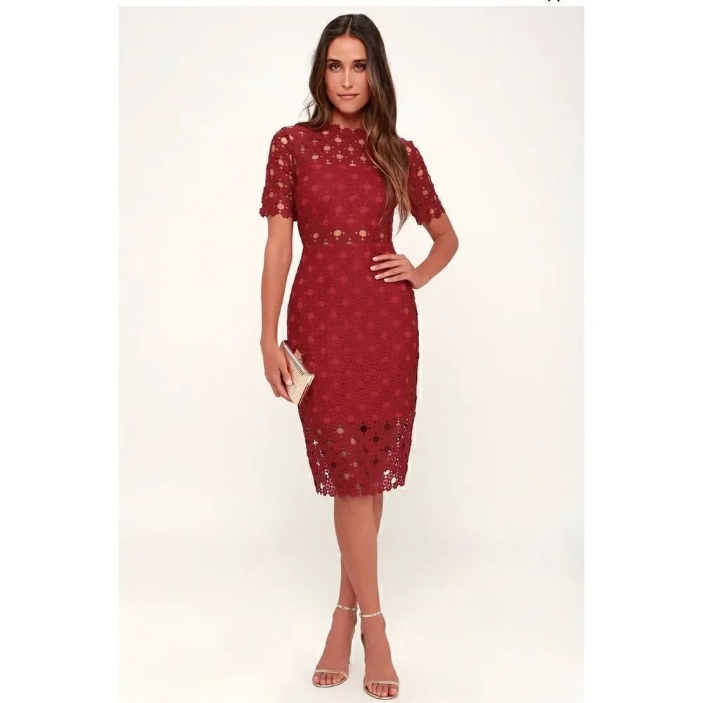Lulus Burgundy Crochet Laced Bodycon Midi Dress Size S/ Party/ Cocktail/Formal